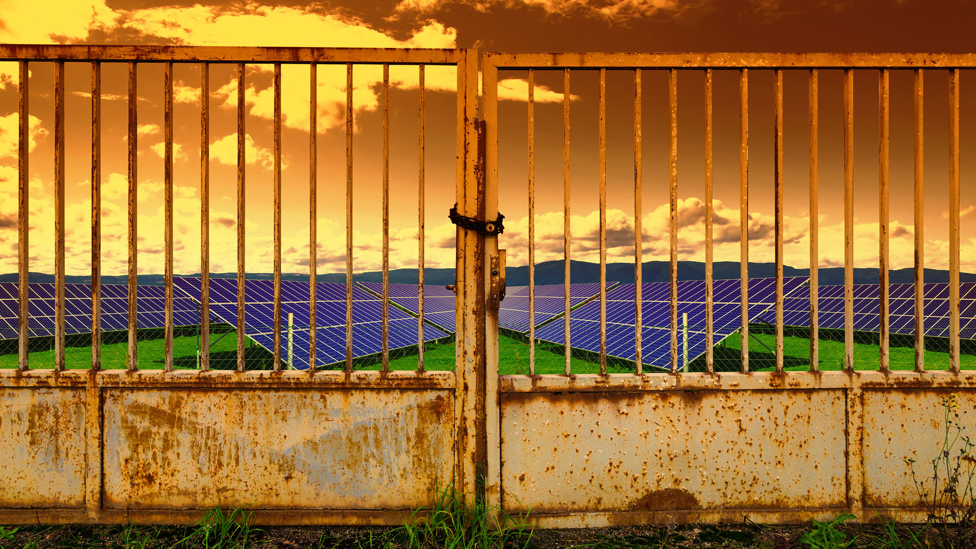 Solar energy panels at sunset, sunset sky